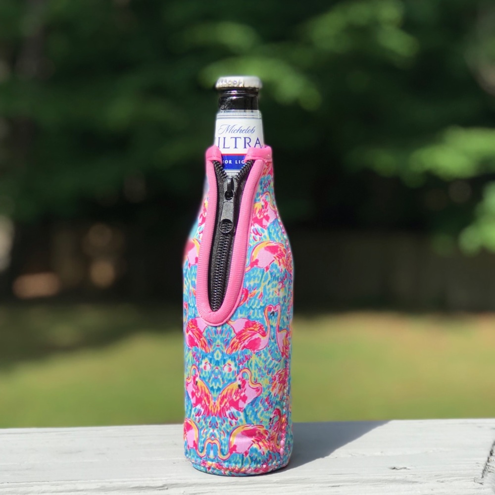 Get Two! Flamingo on blue background beer koozie